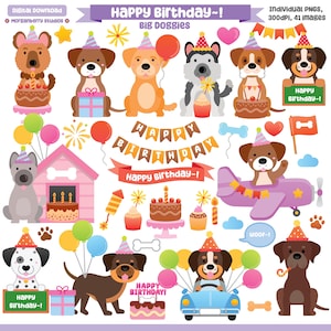 Cute Dog Birthday, Dog Birthday Clipart, Golden Retriever Clipart, Puppy Birthday, Dog Scrapbooking Stickers, Birthday Scrapbooking, Dog PNG