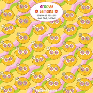 Modèle sans couture rétro citron groovy, papier numérique esthétique agrumes des années 70, Good Vibes funky sublimation PNG tissu vêtements papier peint gobelet