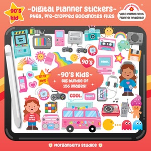 May include: A digital planner sticker set with a 90's theme. The image features various retro icons like a boombox, arcade game, and a pink bus. The text includes "90's Kids" and "Digital Planner Stickers". The color palette is bright and playful.