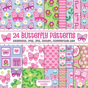 Puede incluir: Una colección de 24 patrones de mariposas en varios diseños y colores. Los patrones incluyen mariposas, flores, corazones y lazos en tonos de rosa, morado, verde y azul. El texto "24 Butterfly Patterns" se muestra de forma destacada.