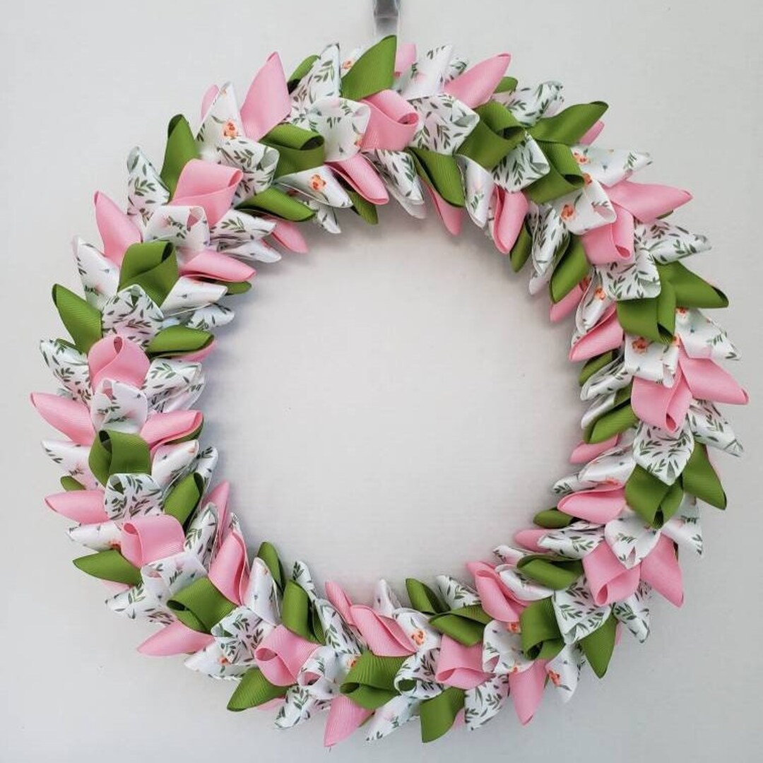 16 Inch Spring/easter Pink Green Floral Leaf Ribbon Wreath - Etsy