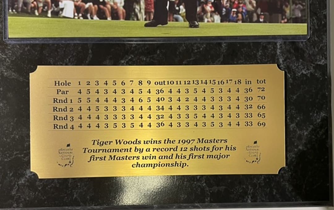 Tiger Woods Engraved Masters Scorecard Nameplate Optional Masters Year