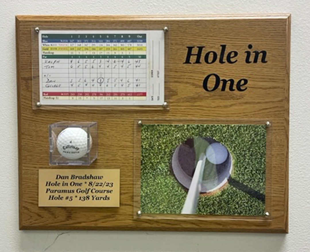Personalized Golf Hole in One Plaque With Scorecard, Ball, Optional Photo, & Engraved Nameplate