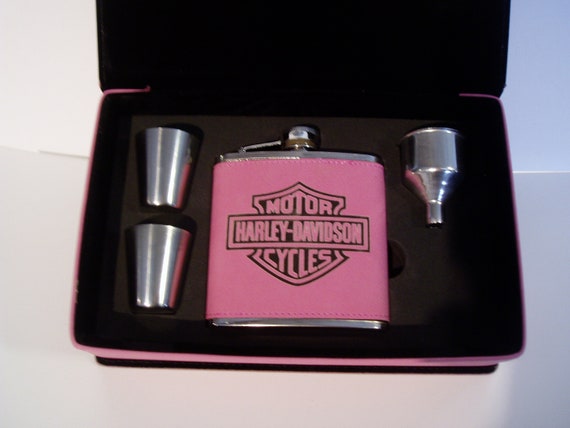 Harley Davidson Pink 6 Oz Leather Covered Stainless Steel Flask