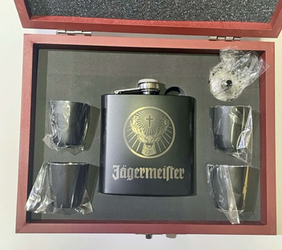 Jagermeister 6 Oz Black Stainless Steel Flask With Optional Etsy