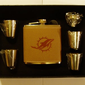 Miami Dolphins engraved leather 6 oz stainless steel flask with 4 stainless steel shot glasses and a funnel in a black presentation box