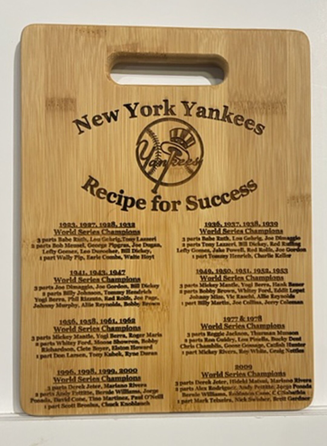 New York Yankees recipe for Success Bamboo Engraved Cutting Board With Yankees Logo and Players