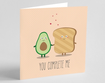 Biglietto di auguri "Mi completi", gioco di parole con toast all'avocado, biglietto di anniversario