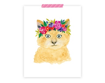 Watercolor Cat With Flower Crown, Cat Art Print, Watercolor Art Print, Watercolor Animals, Watercolor Art Print, Wall Art Printable