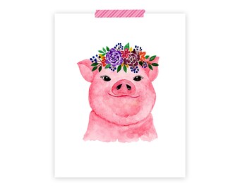 Acuarela cerdo con corona de flores, Pig Art Print, Watercolor Art Print, Acuarela Animales, Watercolor Art Print, Wall Art Printable