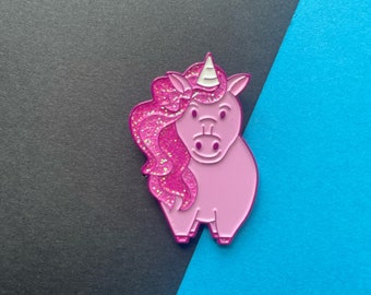 Fat unicorn enamel pin with glitter mane! 1.5" tall