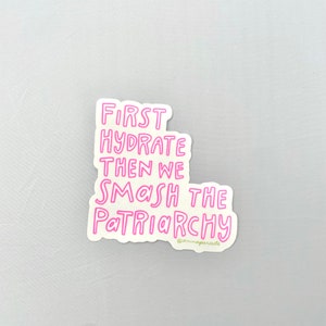 以下が含まれることがあります： ピンクのステッカーに「First Hydrate Then We Smash The Patriarchy」というテキストと、より小さなフォントでソーシャルメディアのハンドル「@annaparade」が書かれています。