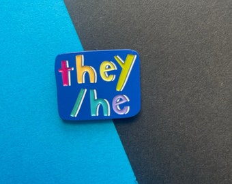 Pronoun Pin! they/he space pin | 0.75 inches wide soft enamel