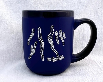 Mug! Finger Lakes |Navy hand-lettered mug 16 ounces | upstate New York