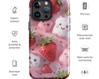 Kawaii Marshmallow & Strawberry Tough Case for iPhone®, iPhone, iPhone pro, iPhone mini, iPhone plus, pink phone case, girls phone case