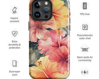 Tropical Watercolor Hibiscus Tough Case for iPhone® durable phone case, Hawaiian phone case, iPhone, iPhone pro, iPhone mini, iPhone plus