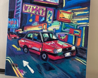Hong Kong Taxi at Night – Original Neon City Painting | Colourful Urban Art | 210x210cm Canvas | “Glow Study No. 1”