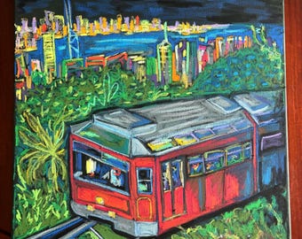 Hong Kong Peak Tram at Night – Original Neon City Painting | Colourful Urban Art | 16x16 inch Canvas | “Glow Study No. 3”