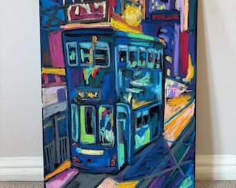 Hong Kong Tram at Night – Original Neon City Painting | Colourful Urban Art | A3 Canvas | “Glow Study No. 2”