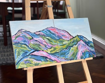 Valles de terciopelo - Dúo original de pintura acrílica de paisaje: par de colinas y cielo expresivos, campiña británica, diptyque