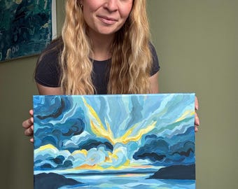 Ember Horizon - Pintura acrílica original de paisaje marino: mar y cielo expresivos, campiña británica, tamaño A3