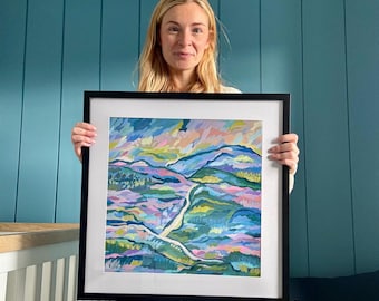 Pad van Licht - Origineel acryl landschapsschilderij — Expressieve heuvels en lucht, Brits platteland