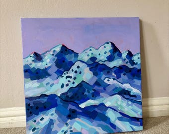 Lavendellicht - Origineel acryl landschapsschilderij — Expressieve bergen en lucht, Brits platteland, A3