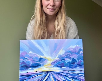 Violet Horizon - Origineel acryl landschapsschilderij — Expressieve heuvels en lucht, Brits platteland, A3