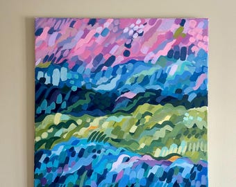 Nog helderder - Origineel acryl landschapsschilderij — Expressieve heuvels en lucht, Brits platteland, canvas van 50x50 cm