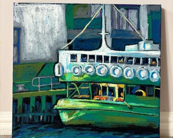 The Crossing — Original Mixed Media Painting, Star Ferry Hong Kong, Cityscape Wall Art, Acrylic and Oil Pastel on Canvas 210x210cm