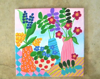 Colorful still-life flower painting | cozy cottage core art | 12x12"