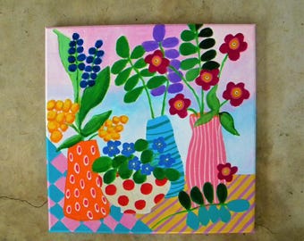 Colorful still-life flower painting in cozy cottage core art