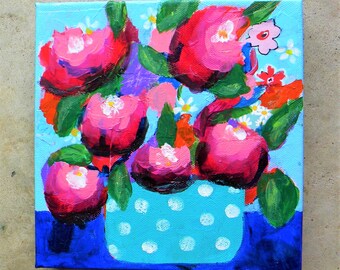 Impressionistic floral painting with vase, bright summer flowers, 8x8" small art