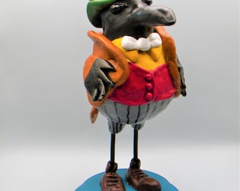 Crow clay art sculpture, whimsical caricature bird gentleman figure  in Victorian-style suit