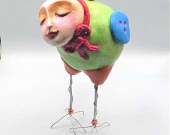 Whimsical Handcrafted Bird Sculpture Colorful Folk Art Figurine Unique Boho Home Decor Gift