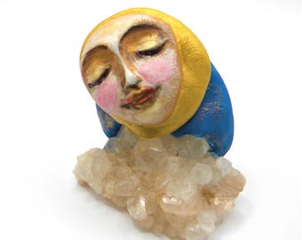 Handmade Clay Saint on Quartz Crystal Cluster | SMALL Spiritual Sculpture Altar Figurine Decor