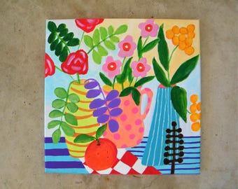 Still life painting | colorful floral in a vase | whimsical pop art | 12x12"