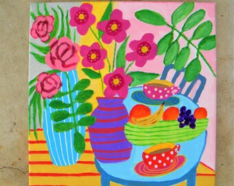 Still life painting, colorful floral in a vase, whimsical pop art 12x12"