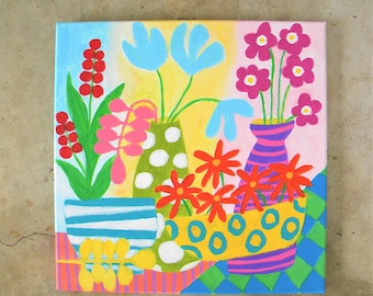 Colorful Still Life Flower Painting - Cozy Cottagecore Wall Art, Original Boho Floral Decor, 12x12 inch