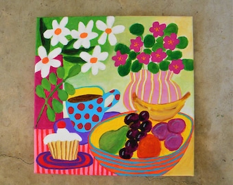 Still life painting |colorful floral in a vase | whimsical pop art | 12x12"