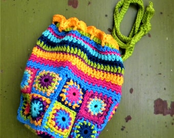 Boho style colorful crocheted pouch granny square 7x6.5"