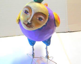 Whimsical Bird Sculpture Decor, Handcrafted Colorful Folk Art Figurine, Unique Home Accent Gift