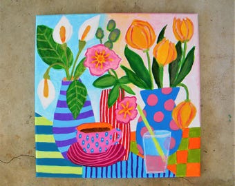 Still life painting | colorful floral in a vase | whimsical pop art | 12x12"