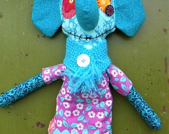 Handmade whimsical elephant plushie monster doll. NOT A TOY.