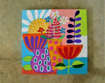 Colorful still life floral acrylic painting - cozy cottage core style art- 12x12"