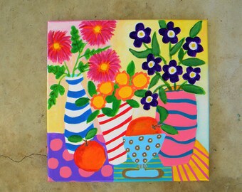 Colorful still-life flower painting in cozy cottage core style art | 12x12"