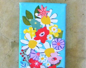 Colorful flower collage painting on a small canvas 3x9"