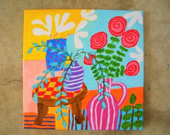 Still life painting |colorful floral in a vase | whimsical pop art | 12x12"