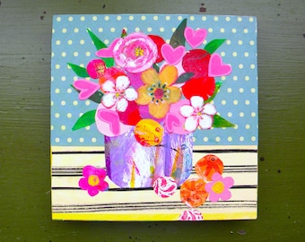 Collaged Fantasy Flowers in a Vase | Small Whimsical Floral Wall Art on Wood Board 6x6