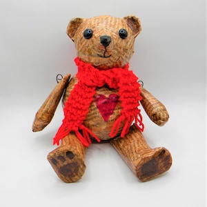 Whimsical Cardboard Bear Sculpture: Collectible Book Art with Knitted Scarf